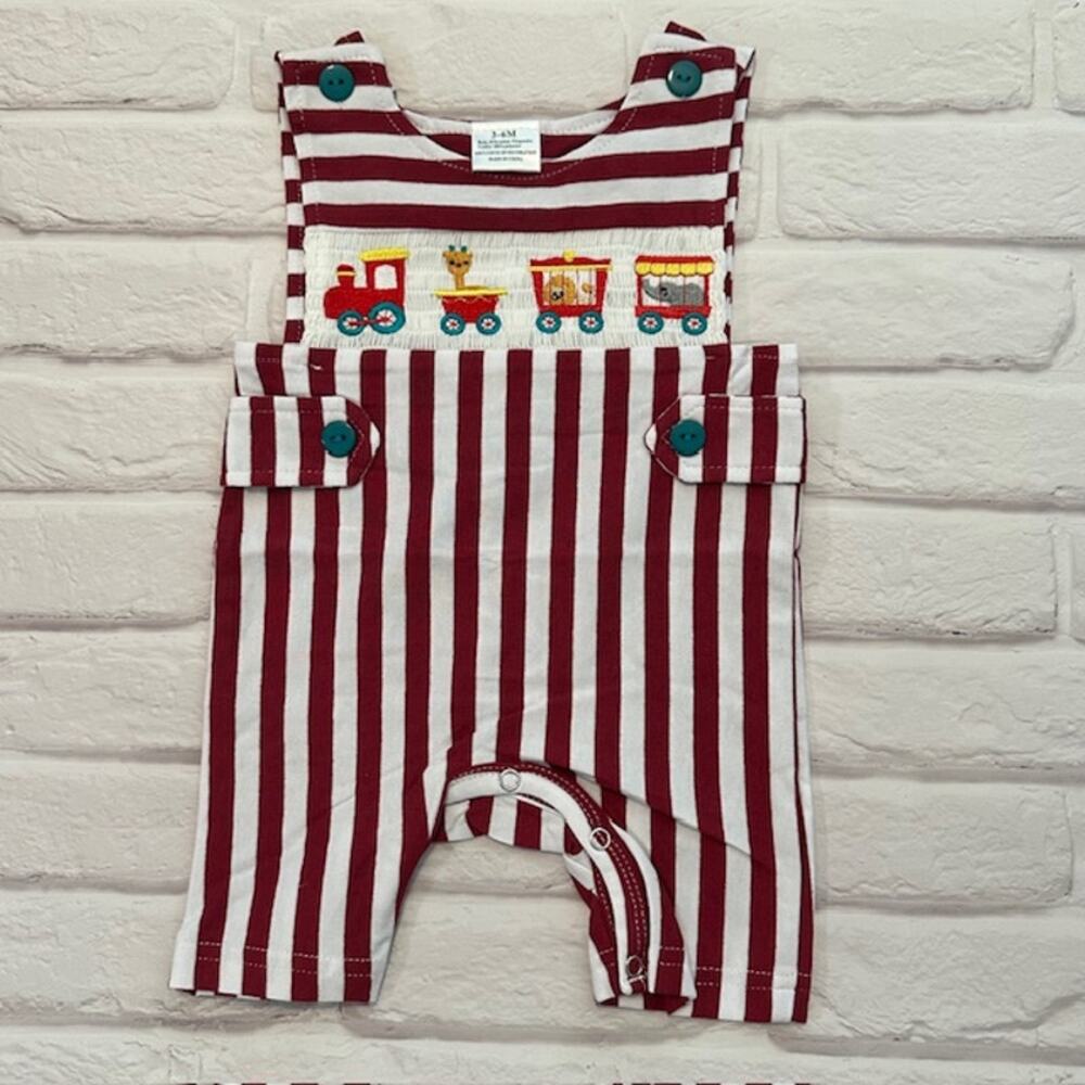 Boutique 0-3 Month Boys Red Striped Zoo Animals Train One-Piece Cotton